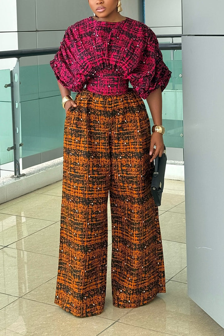 Stylish Ankara-mix Rhinestone Waisted Top & Wide-leg Pants Set