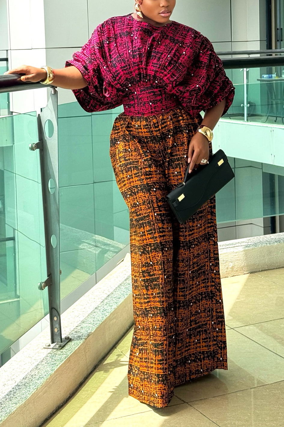 Stylish Ankara-mix Rhinestone Waisted Top & Wide-leg Pants Set