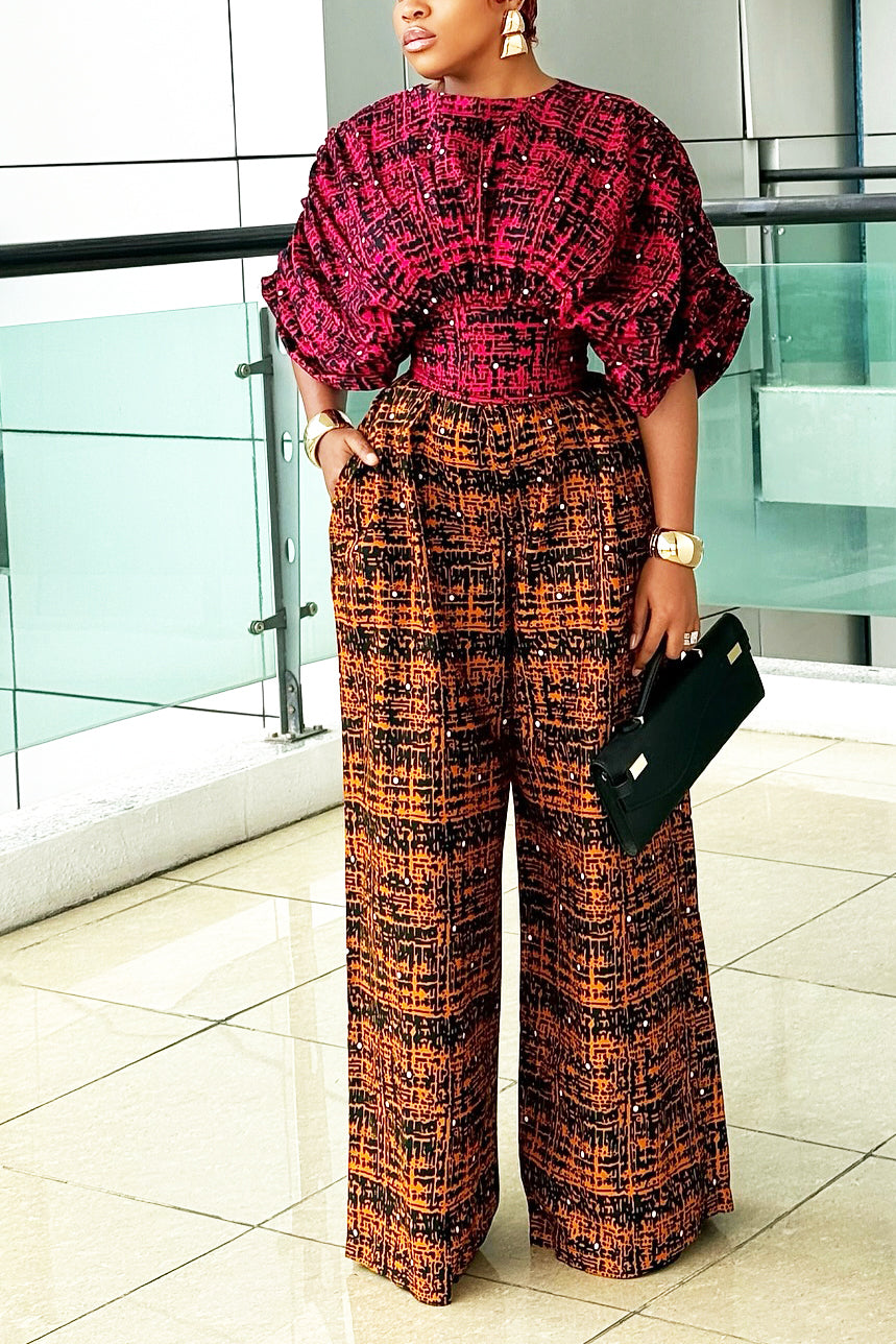 Stylish Ankara-mix Rhinestone Waisted Top & Wide-leg Pants Set