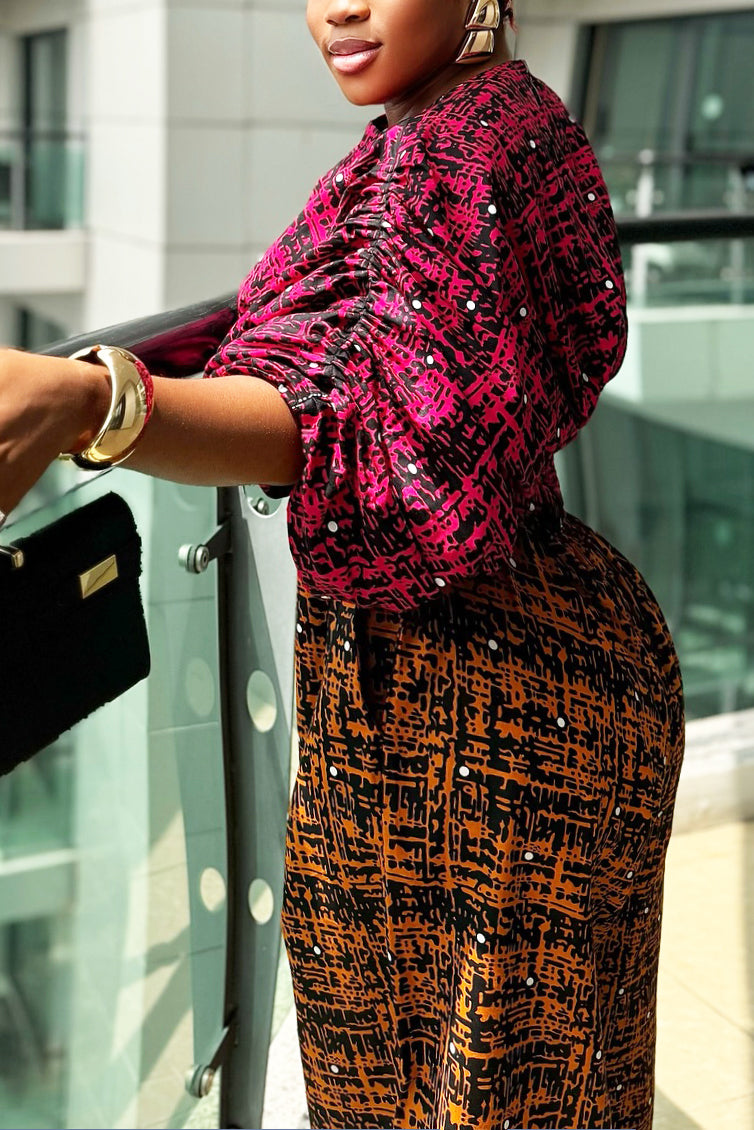 Stylish Ankara-mix Rhinestone Waisted Top & Wide-leg Pants Set