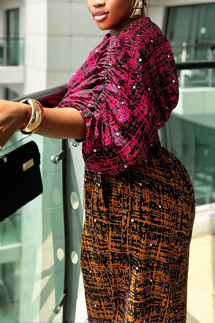Stylish Ankara-mix Rhinestone Waisted Top & Wide-leg Pants Set
