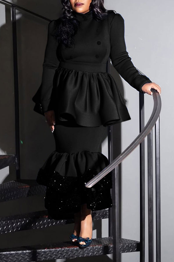 Elegant Ruffled Top & Sequined Layered Patchwork Skirt Set