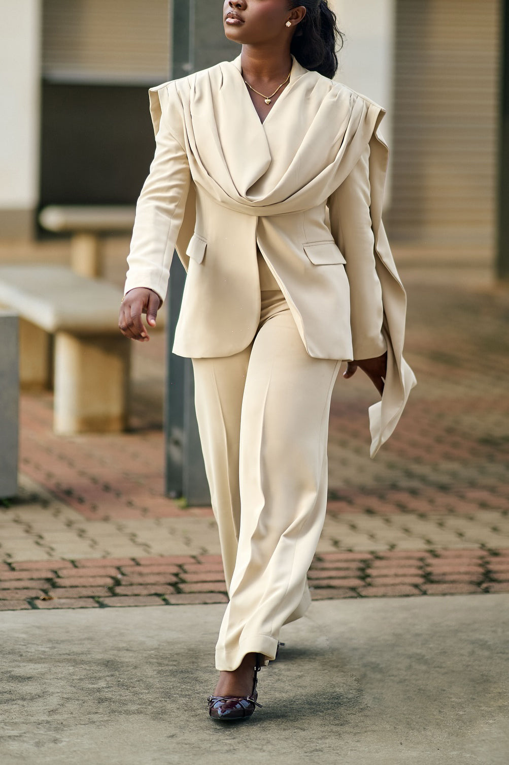 Stylish Ruching Patchwork Blazer & Straight Pants Set