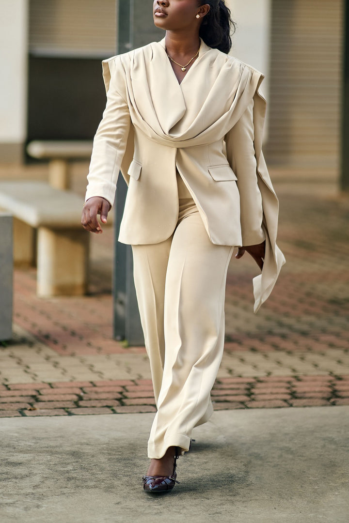Stylish Ruching Patchwork Blazer & Straight Pants Set
