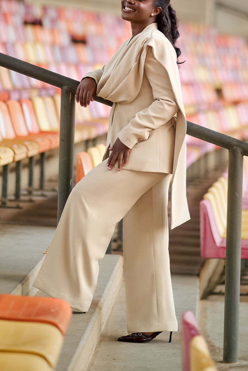 Stylish Ruching Patchwork Blazer & Straight Pants Set