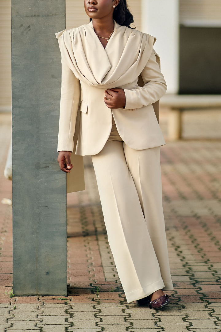 Stylish Ruching Patchwork Blazer & Straight Pants Set
