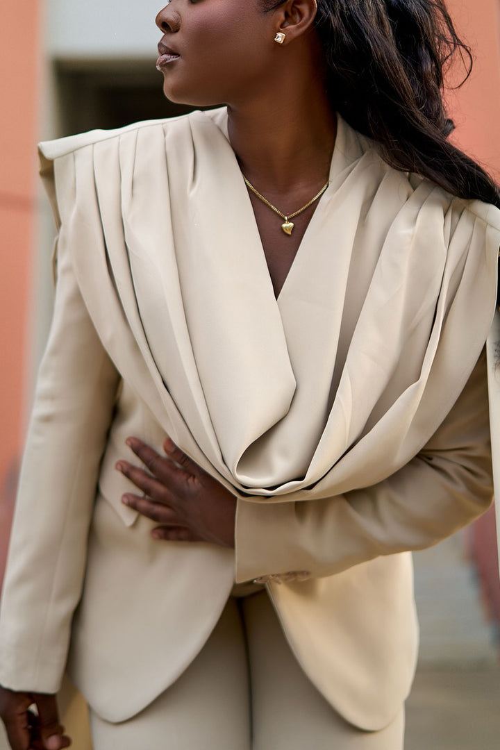 Stylish Ruching Patchwork Blazer & Straight Pants Set