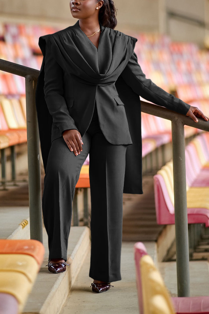 Stylish Ruching Patchwork Blazer & Straight Pants Set
