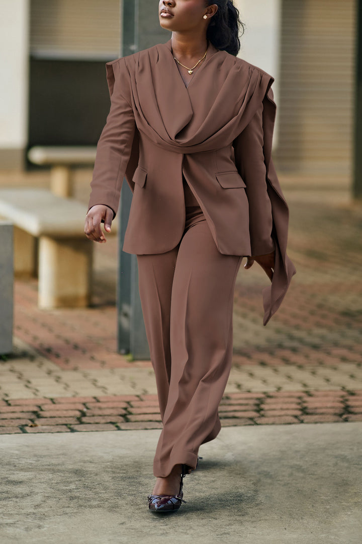 Stylish Ruching Patchwork Blazer & Straight Pants Set