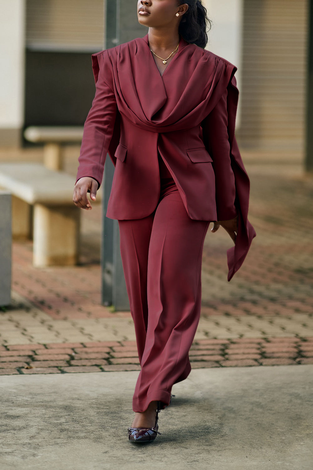 Stylish Ruching Patchwork Blazer & Straight Pants Set