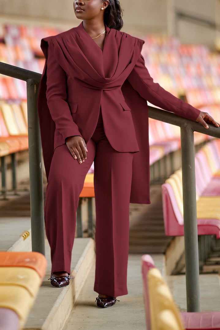 Stylish Ruching Patchwork Blazer & Straight Pants Set