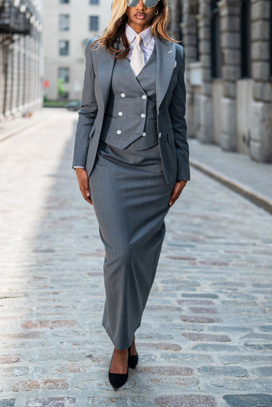 Stylish Blazer & Double Breasted Top & Skirt Set