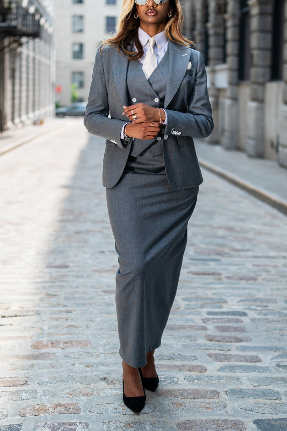 Stylish Blazer & Double Breasted Top & Skirt Set