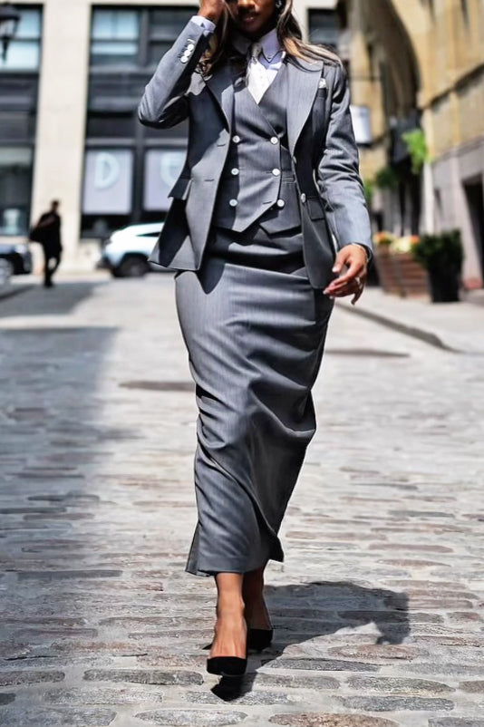 Stylish Blazer & Double Breasted Top & Skirt Set