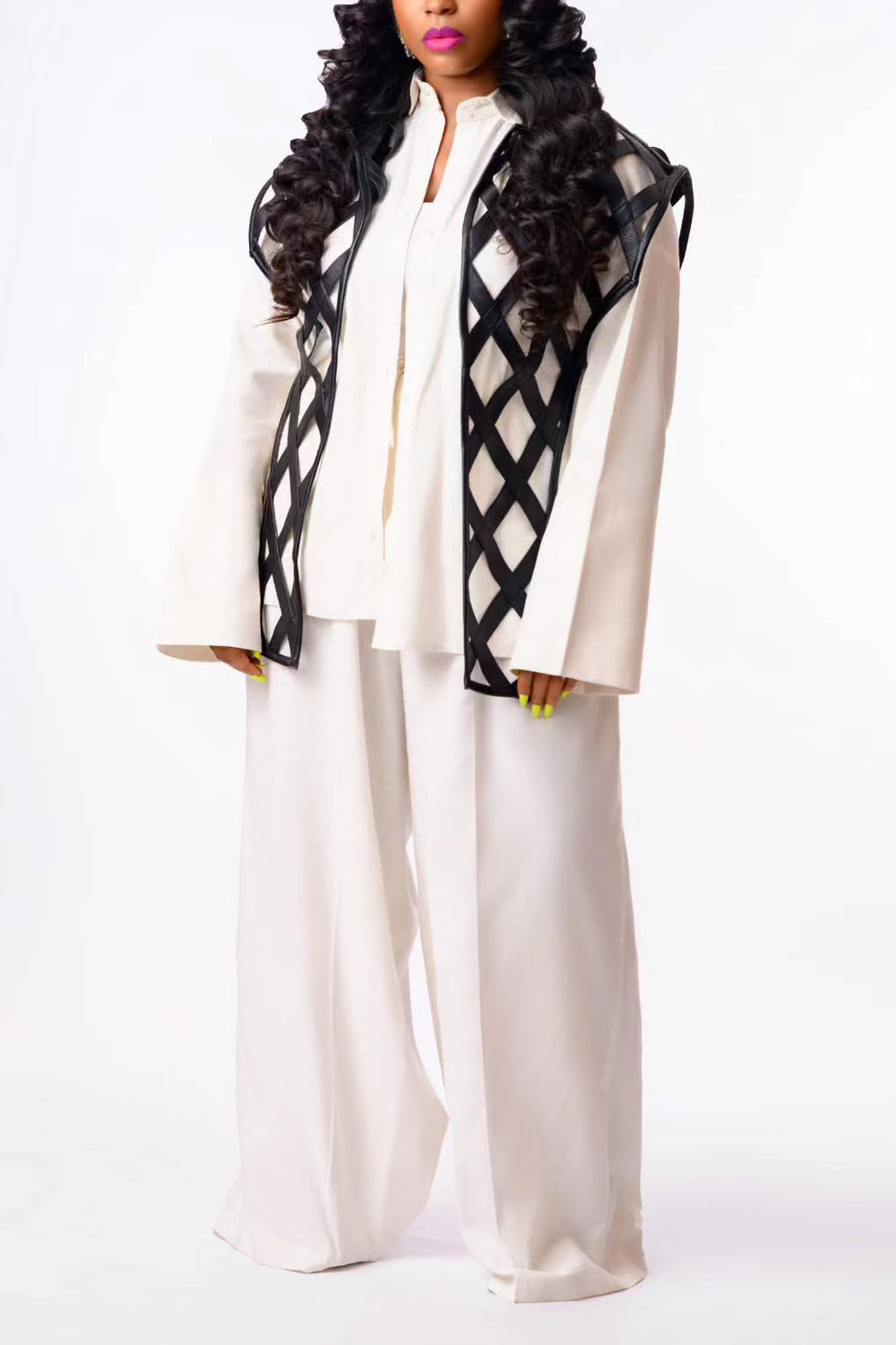 Stylish Shirt & Hollow Vest & Wide Leg Pants Set