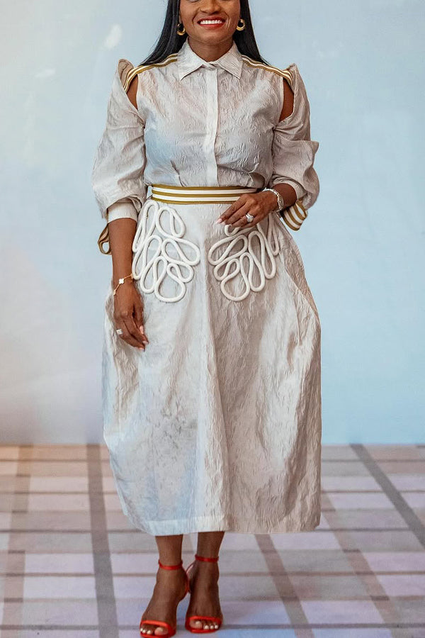 Chic Web Paneled Shirt & 3d Rope Decorated Skirt Set