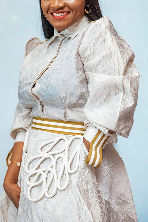 Chic Web Paneled Shirt & 3d Rope Decorated Skirt Set