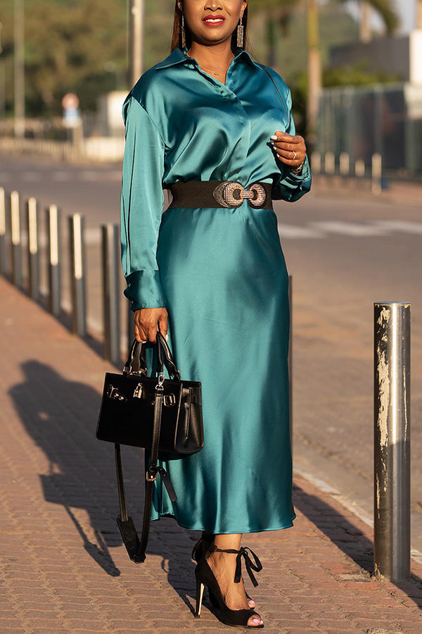 Premium Satin Shirt Style Ruffled Hem Maxi Dress