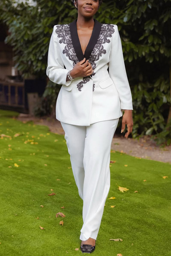 Elegant Color Block Embroidered Blazer & Pants Set