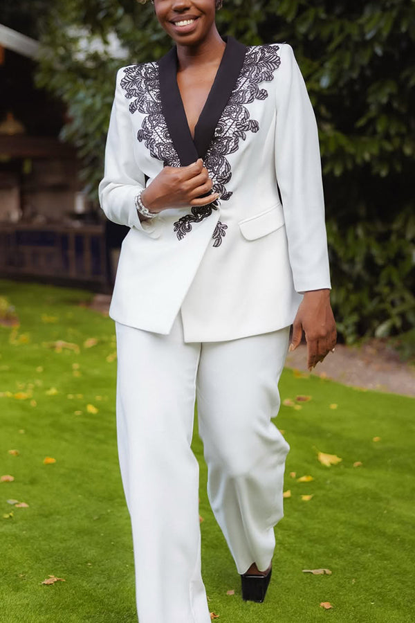 Elegant Color Block Embroidered Blazer & Pants Set
