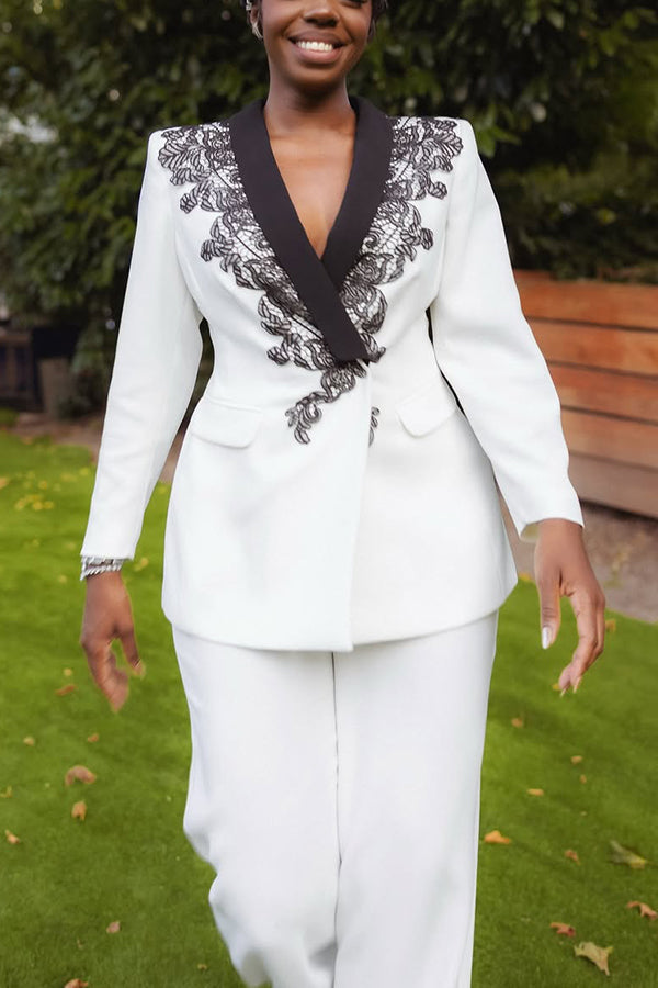 Elegant Color Block Embroidered Blazer & Pants Set