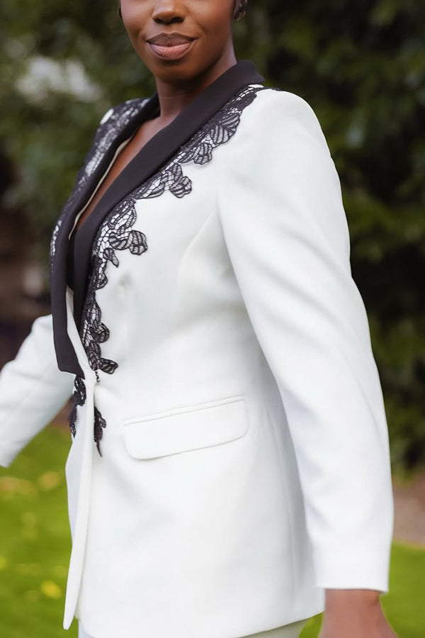 Elegant Color Block Embroidered Blazer & Pants Set