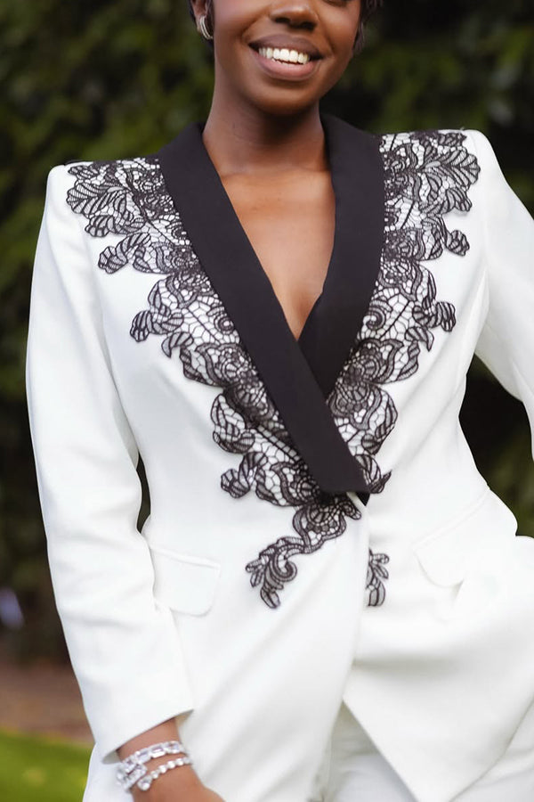 Elegant Color Block Embroidered Blazer & Pants Set