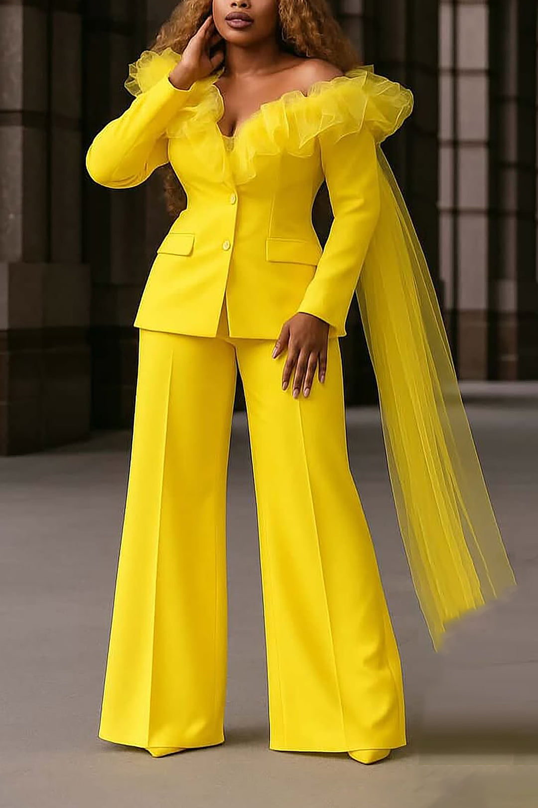 Stunning Mesh Patchwork Blazer & Wide Leg Pants Set