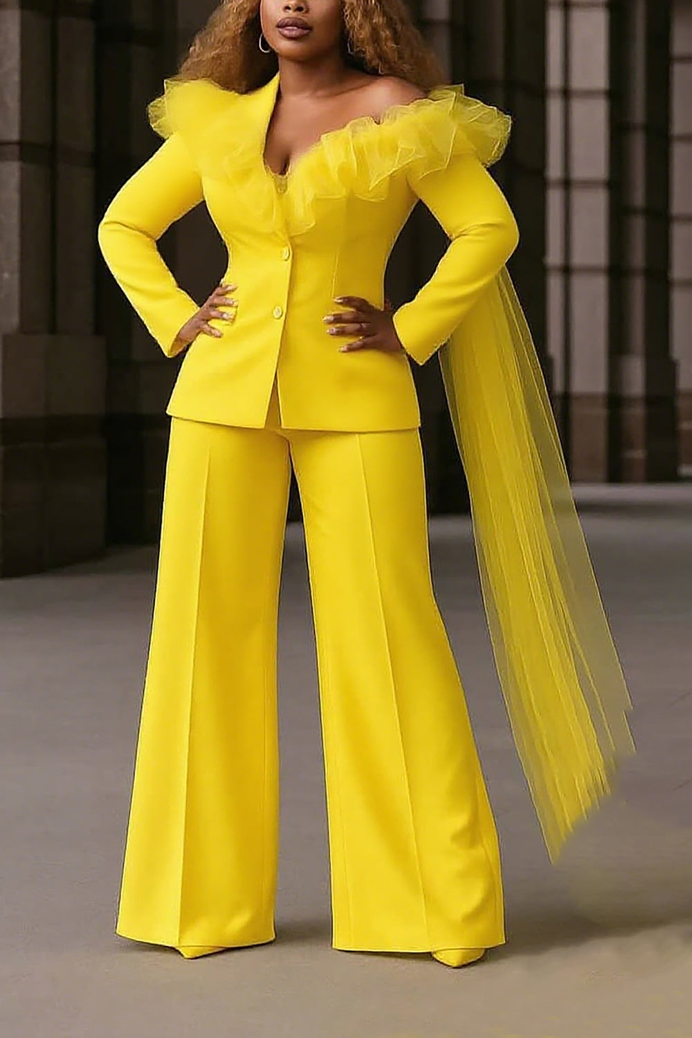 Stunning Mesh Patchwork Blazer & Wide Leg Pants Set