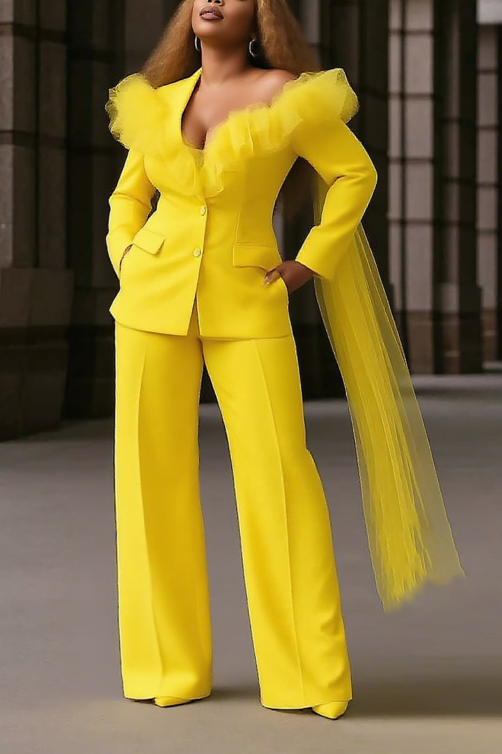 Stunning Mesh Patchwork Blazer & Wide Leg Pants Set