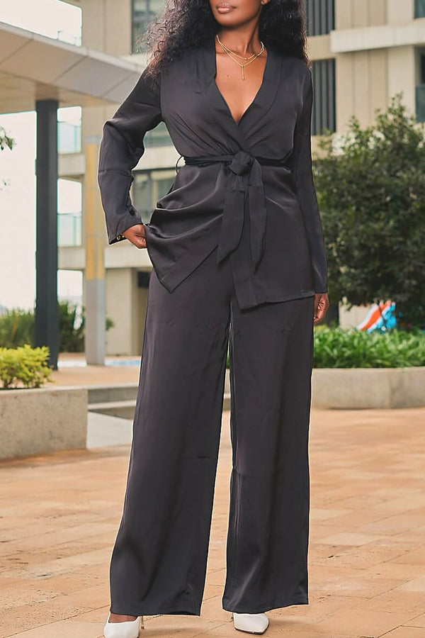 Simple Belted Top & Wide Leg Pants Set