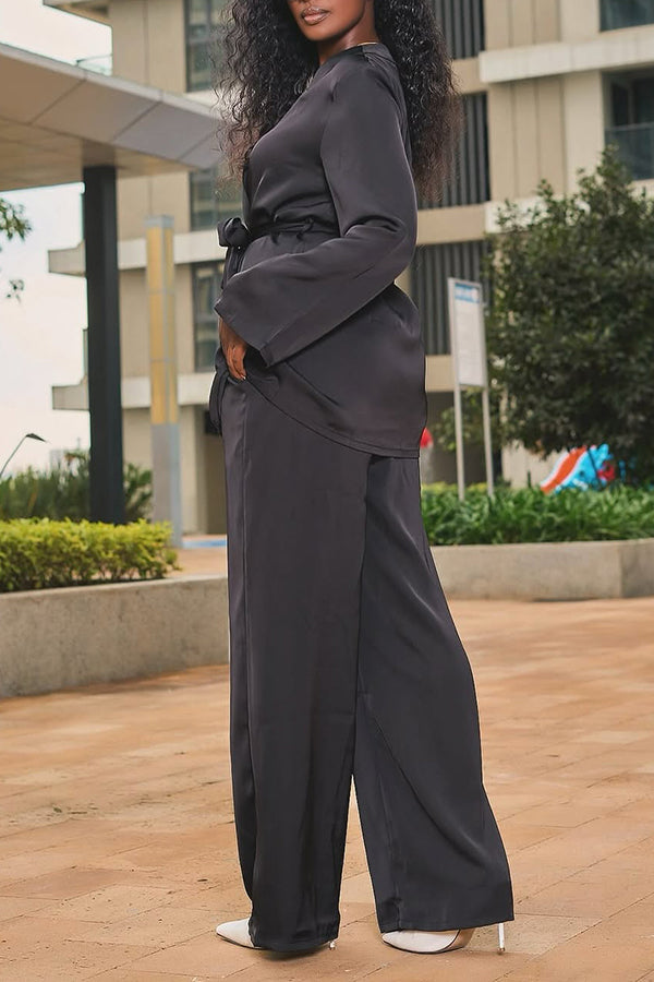 Simple Belted Top & Wide Leg Pants Set
