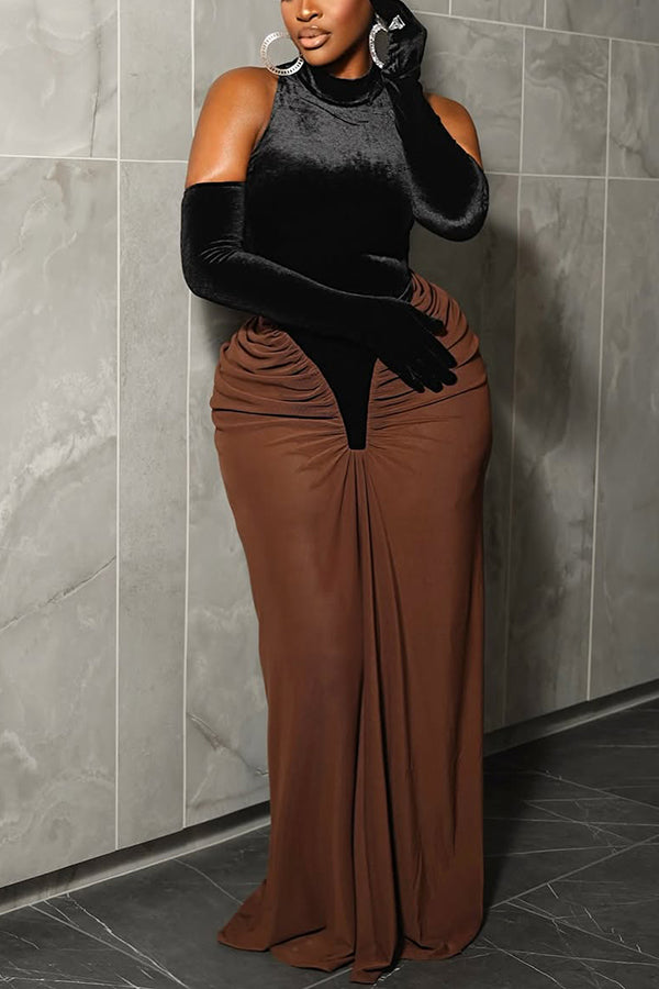 Stylish Color Block A Silhouette Hand Sleeve Maxi Dress