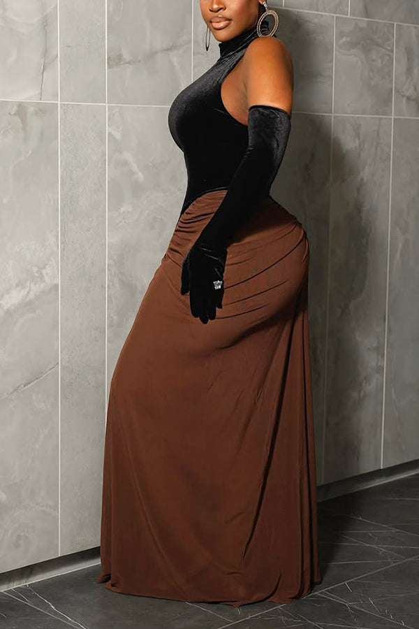 Stylish Color Block A Silhouette Hand Sleeve Maxi Dress