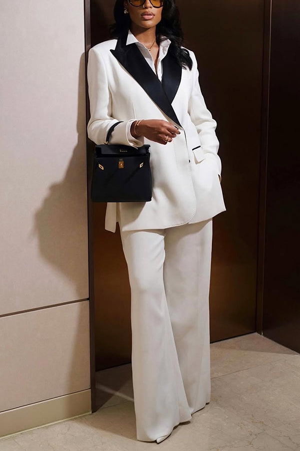 Premium Color Block Blazer & Wide Leg Pants Set