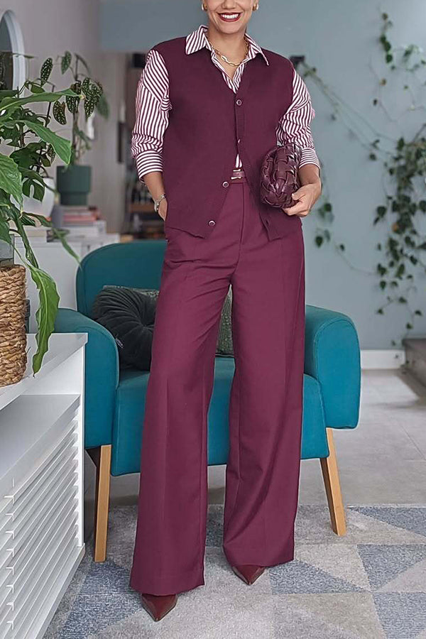 Smart Striped Shirt & Woolen Vest & Pants Set