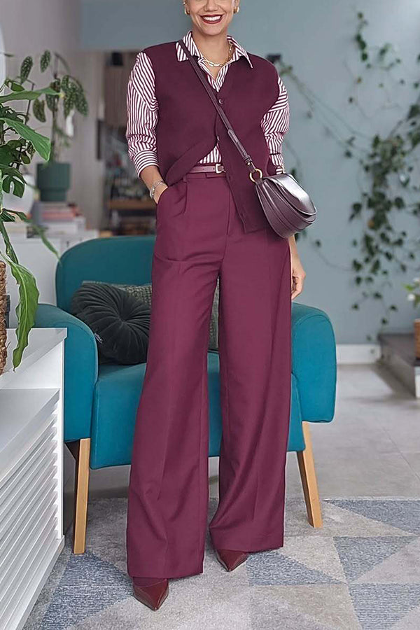 Smart Striped Shirt & Woolen Vest & Pants Set