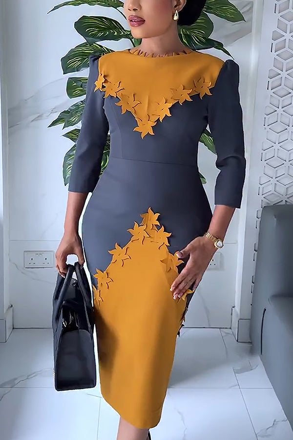 Stunning Contrast Color Windmill Patchwork Slit Midi Dress