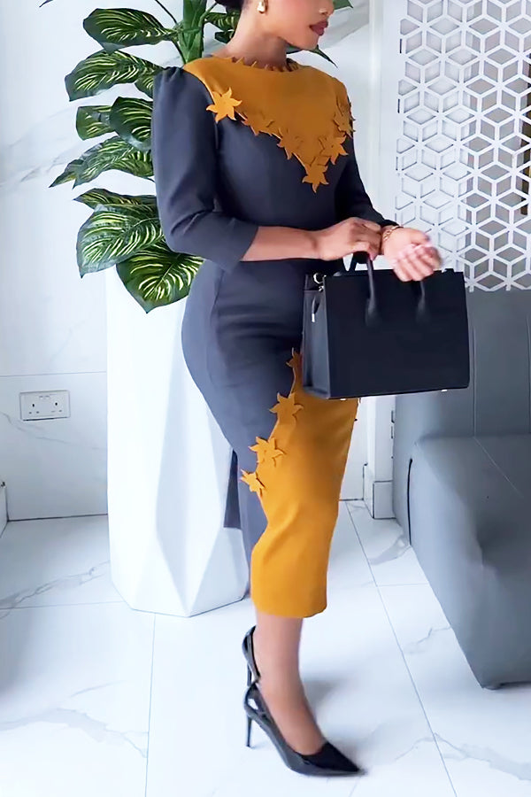 Stunning Contrast Color Windmill Patchwork Slit Midi Dress