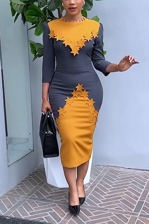 Stunning Contrast Color Windmill Patchwork Slit Midi Dress