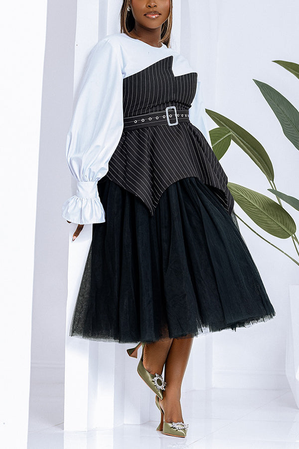 Stylish Top & Irregular Mesh Patchwork Bandeau Dress Set