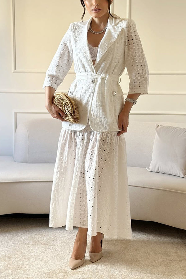Charming Jacquard Belted Blazer & Ruffled Skirt Set