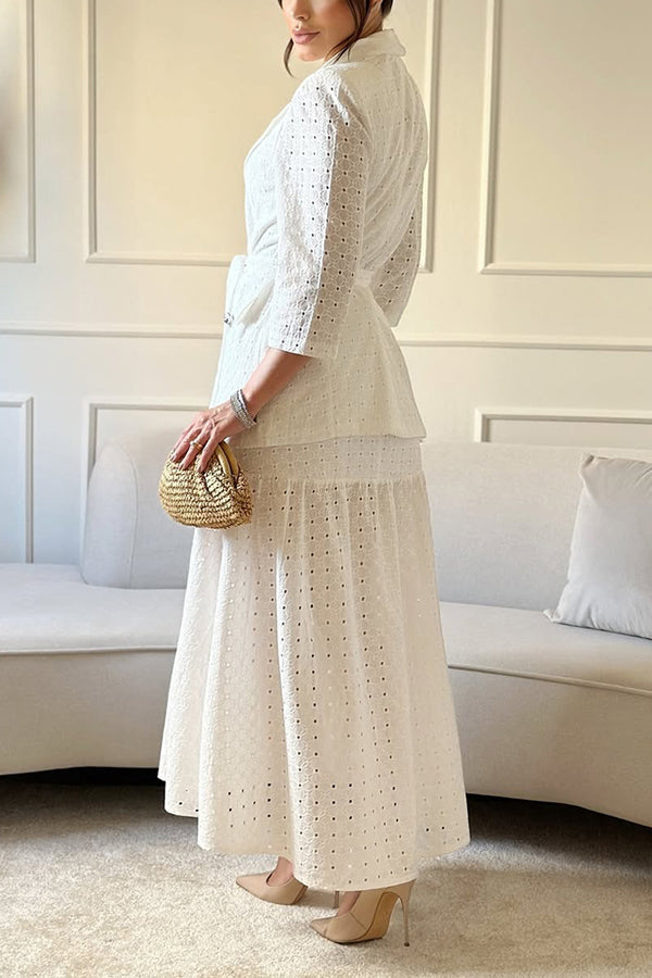 Charming Jacquard Belted Blazer & Ruffled Skirt Set