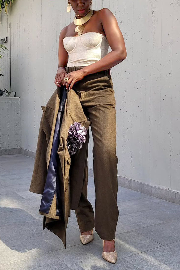 Stylish 3D Floral Blazer & High Waist Pants Set