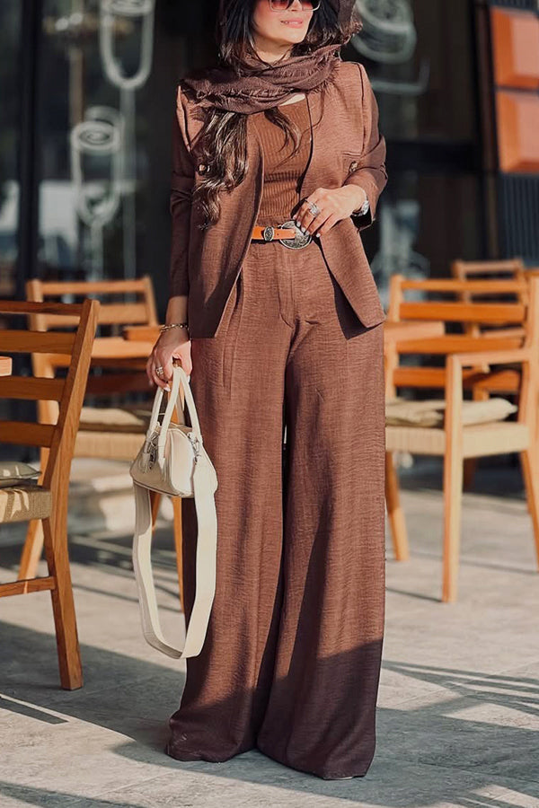 Retro Button Decorated Blazer & Wide Leg Pants Set