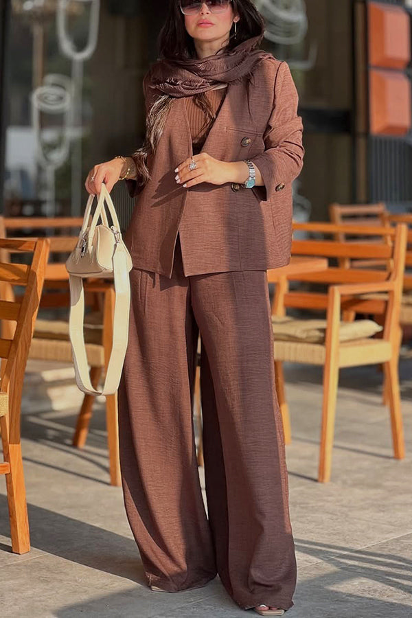 Retro Button Decorated Blazer & Wide Leg Pants Set