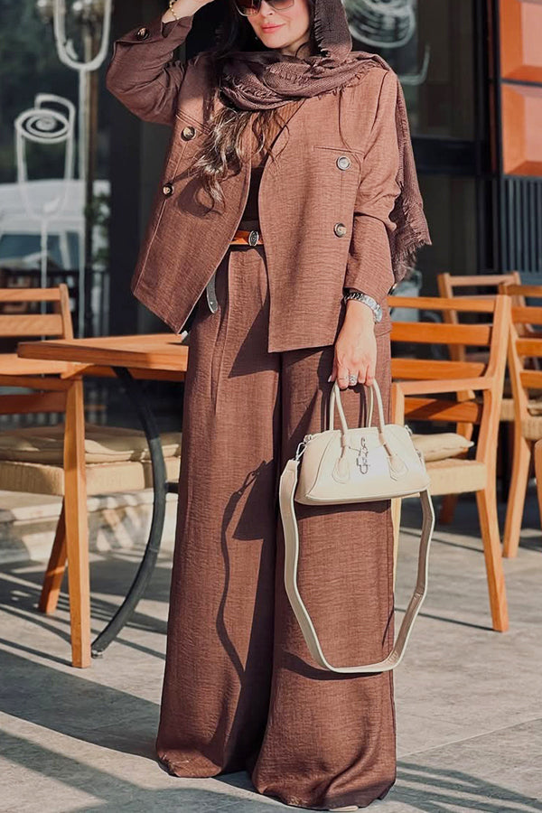 Retro Button Decorated Blazer & Wide Leg Pants Set