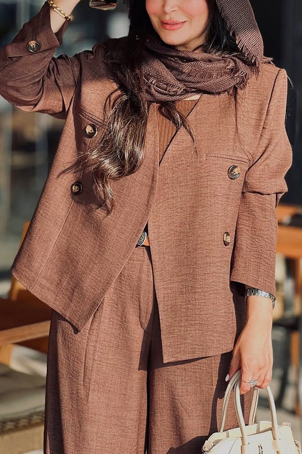 Retro Button Decorated Blazer & Wide Leg Pants Set