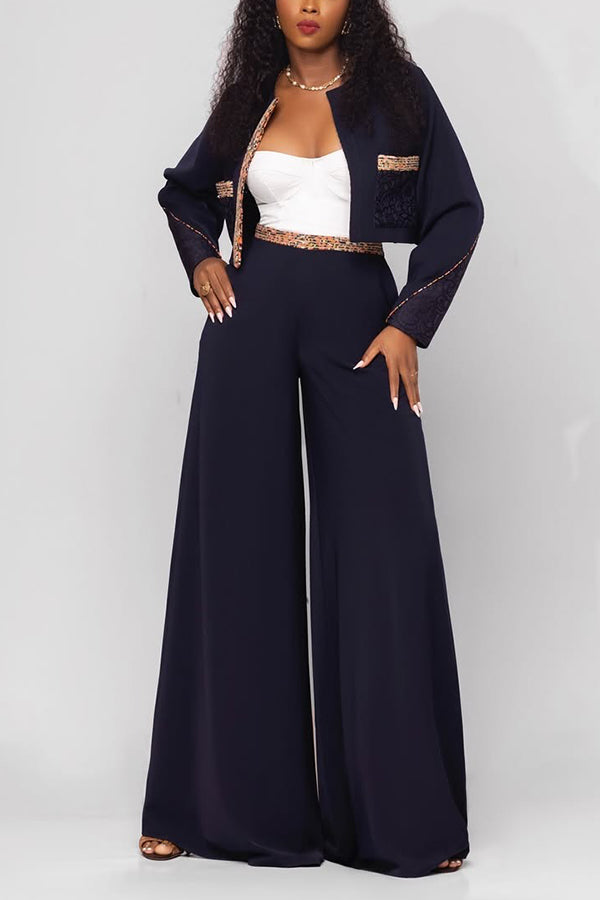 Stylish Patchwork Printed Jacket & Wide Leg Pants Set