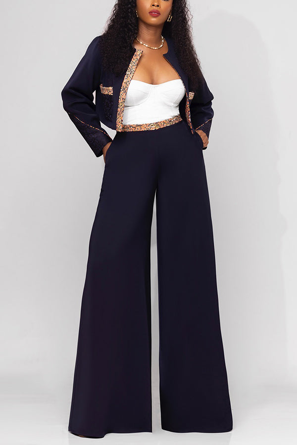 Stylish Patchwork Printed Jacket & Wide Leg Pants Set